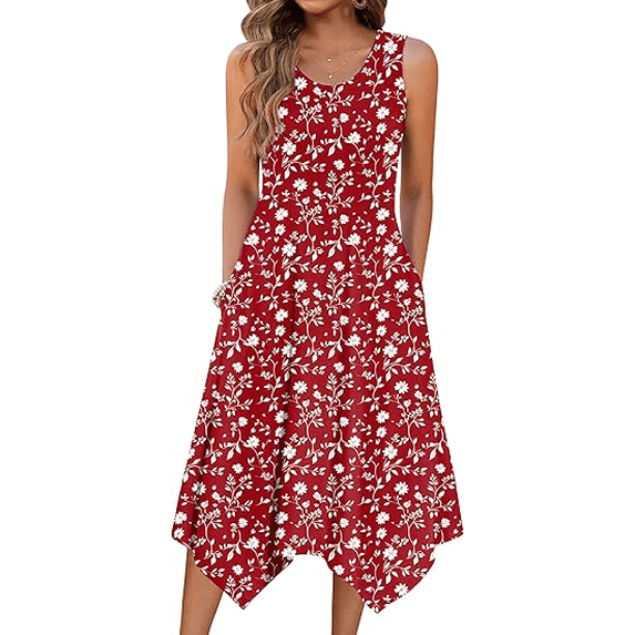 Fantaslook Floral Tank Dresses for Women Flowy Sleeveless Asymmetrical Hem Dress Beach Sundress with Pockets