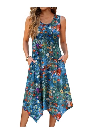 Floral Tank Dresses for Women Flowy Sleeveless Asymmetrical Hem Dress Beach Sundress with Pockets