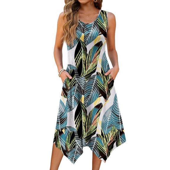 Fantaslook Floral Tank Dresses for Women Flowy Sleeveless Asymmetrical Hem Dress Beach Sundress with Pockets