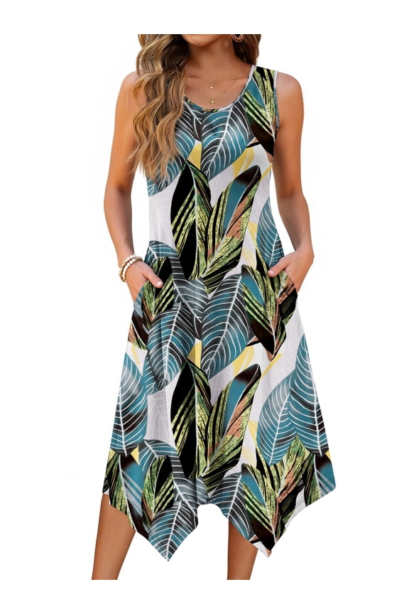 Floral Tank Dresses for Women Flowy Sleeveless Asymmetrical Hem Dress Beach Sundress with Pockets