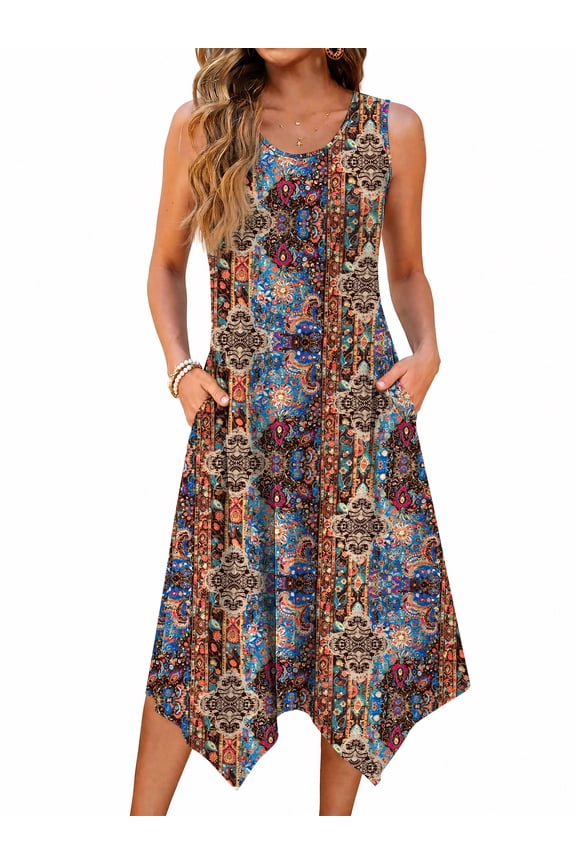 Floral Tank Dresses for Women Flowy Sleeveless Asymmetrical Hem Dress Beach Sundress with Pockets