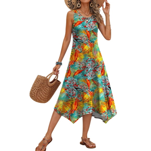 Fantaslook Floral Tank Dresses for Women Flowy Sleeveless Asymmetrical Hem Dress Beach Sundress with Pockets