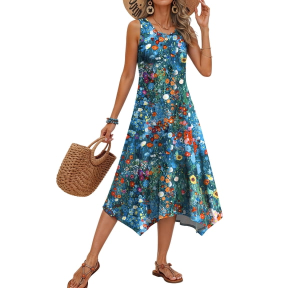 Fantaslook Floral Tank Dresses for Women Flowy Sleeveless Asymmetrical Hem Dress Beach Sundress with Pockets