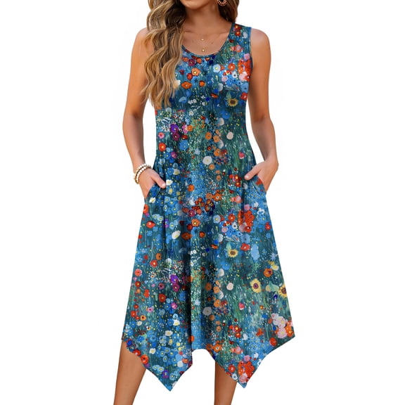 Fantaslook Floral Tank Dresses for Women Flowy Sleeveless Asymmetrical Hem Dress Beach Sundress with Pockets