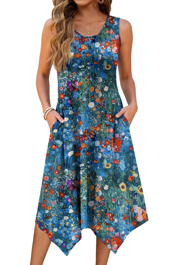 Floral Tank Dresses for Women Flowy Sleeveless Asymmetrical Hem Dress Beach Sundress with Pockets