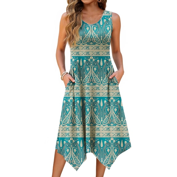 Fantaslook Floral Tank Dresses for Women Flowy Sleeveless Asymmetrical Hem Dress Beach Sundress with Pockets