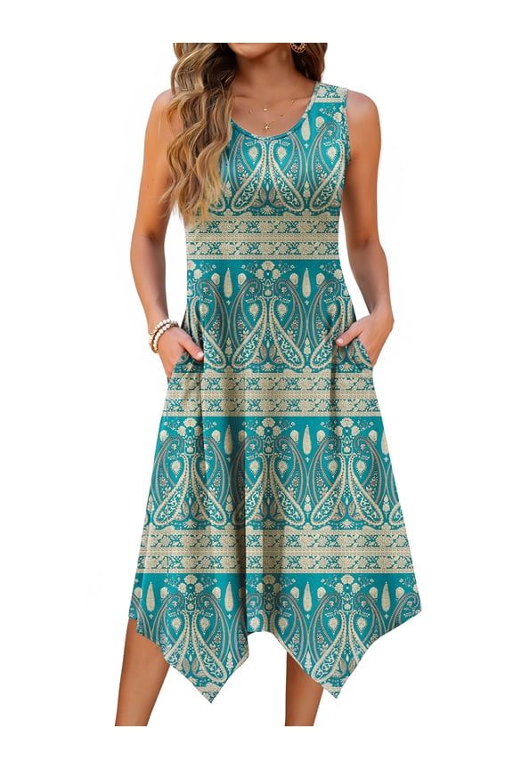 Floral Tank Dresses for Women Flowy Sleeveless Asymmetrical Hem Dress Beach Sundress with Pockets