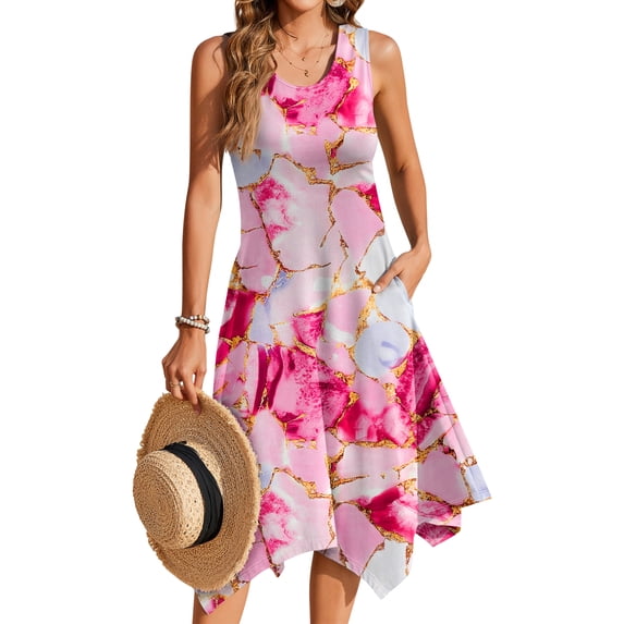 Fantaslook Floral Tank Dresses for Women Flowy Sleeveless Asymmetrical Hem Dress Beach Sundress with Pockets