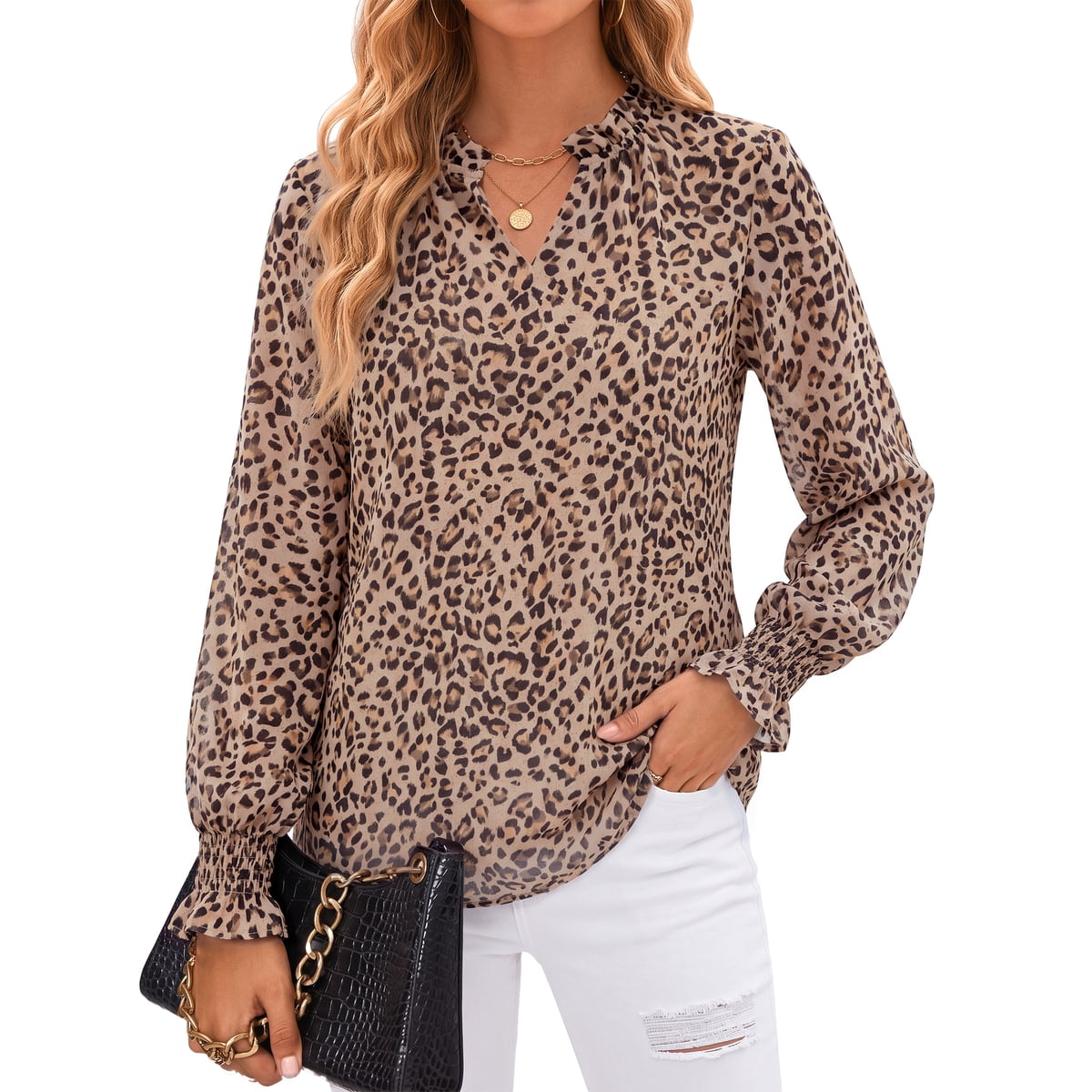 Floral V Neck Blouses for Women Loose Lined Flowy Shirts Trendy Smocked Cuff Long Sleeve Tops