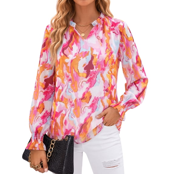 Fantaslook Floral V Neck Blouses for Women Loose Lined Flowy Shirts Trendy Smocked Cuff Long Sleeve Tops