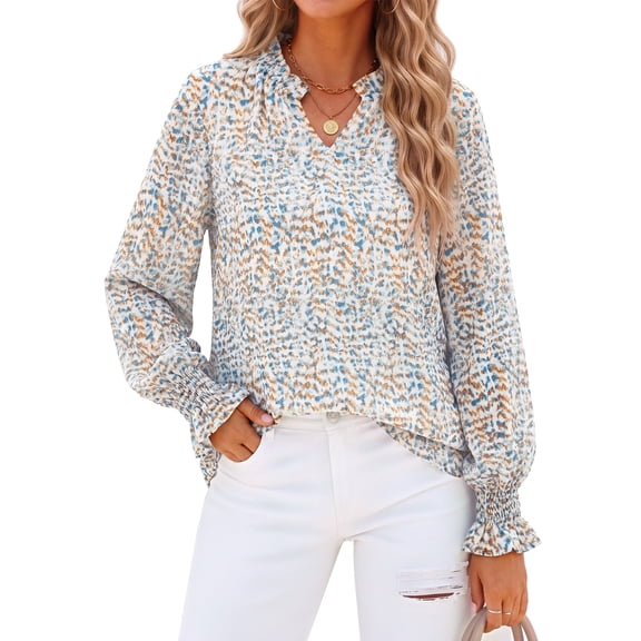 Fantaslook Floral V Neck Blouses for Women Loose Lined Flowy Shirts Trendy Smocked Cuff Long Sleeve Tops