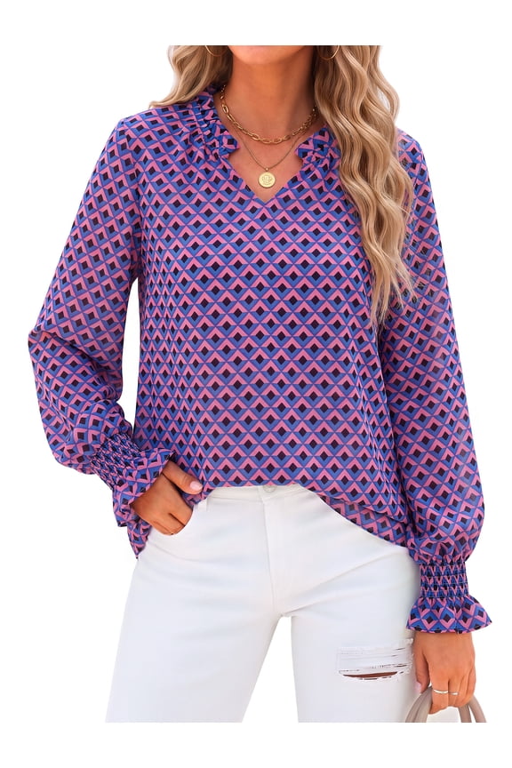 Floral V Neck Blouses for Women Loose Lined Flowy Shirts Trendy Smocked Cuff Long Sleeve Tops