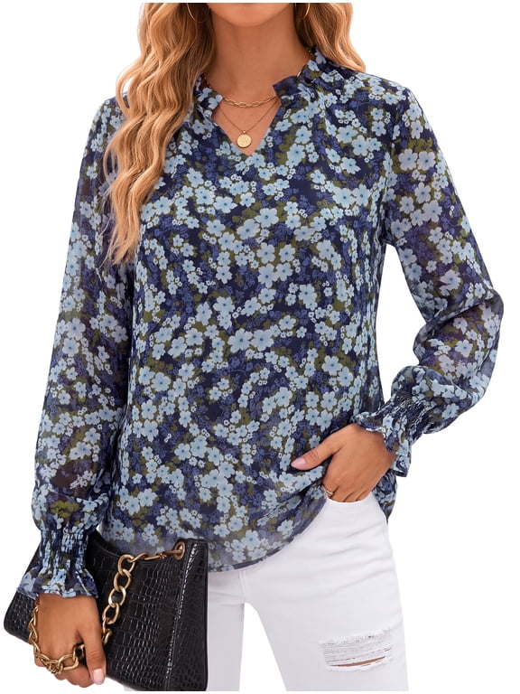 Floral V Neck Blouses for Women Loose Lined Flowy Shirts Trendy Smocked Cuff Long Sleeve Tops