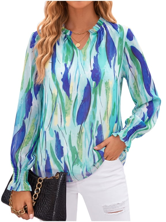 Floral V Neck Blouses for Women Loose Lined Flowy Shirts Trendy Smocked Cuff Long Sleeve Tops