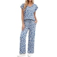 thumbnail image 1 of Fantaslook Flower Womens Pajamas Sets Two Piece Casual Lounge Sets Ruffle Sleeve Tops Wide Leg Pants with Pockets Summer Sleepwear Travel Outfits, 1 of 8