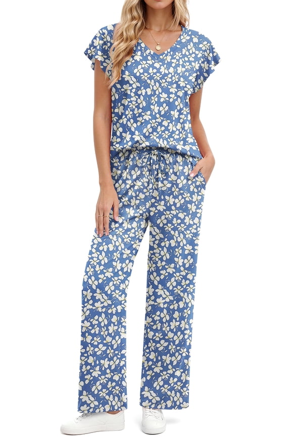 Flower Womens Pajamas Sets Two Piece Casual Lounge Sets Ruffle Sleeve Tops Wide Leg Pants with Pockets Summer Sleepwear Travel Outfits