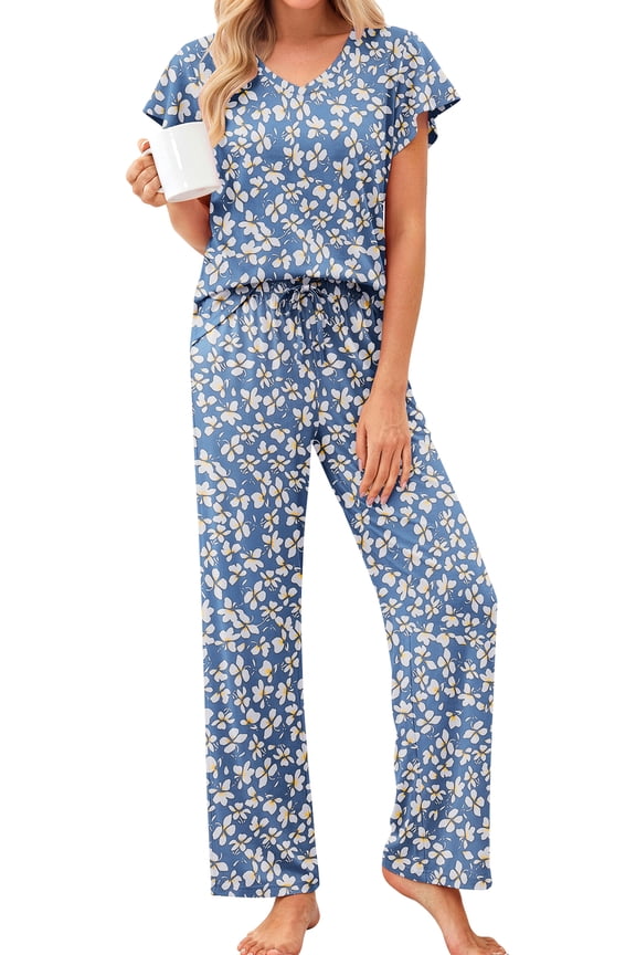 Flower Womens Pajamas Sets Two Piece Casual Lounge Sets Ruffle Sleeve Tops Wide Leg Pants with Pockets Summer Sleepwear Travel Outfits