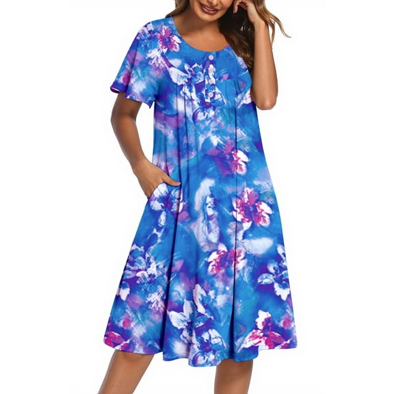 Fantaslook Nightgowns for Women Ruffle Sleeve Button Midi Dress Floral Mumu Dresses Loose Flowy Moo Moo Dresses with Pockets