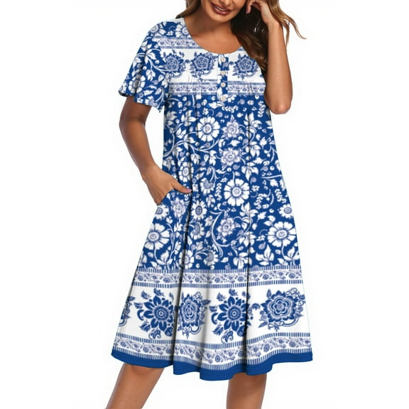 Fantaslook Nightgowns for Women Ruffle Sleeve Button Midi Dress Floral Mumu Dresses Loose Flowy Moo Moo Dresses with Pockets