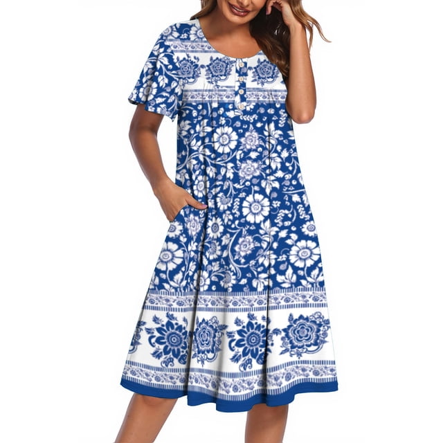 Fantaslook Nightgowns for Women Ruffle Sleeve Button Midi Dress Floral Mumu Dresses Loose Flowy Moo Moo Dresses with Pockets