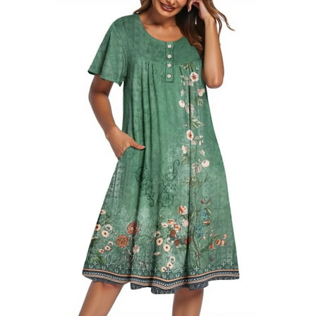 Fantaslook Nightgowns for Women Ruffle Sleeve Button Midi Dress Floral Mumu Dresses Loose Flowy Moo Moo Dresses with Pockets