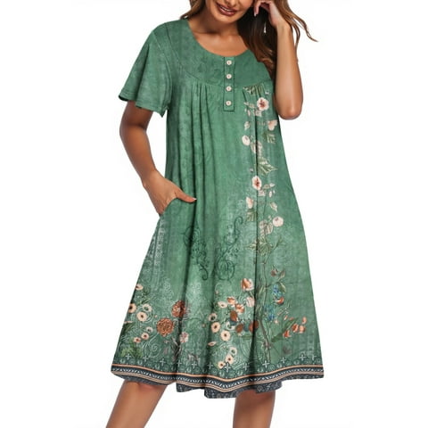 Nightgowns for Women Ruffle Sleeve Button Midi Dress Floral Mumu Dresses Loose Flowy Moo Moo Dresses with Pockets