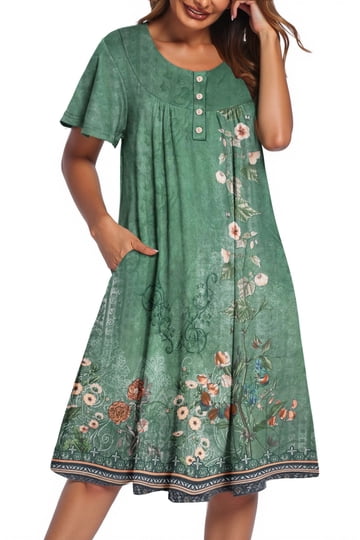 ladies summer midi dresses Moss Green Floral Print Cotton Midi Dress For Women S-XL main image 1