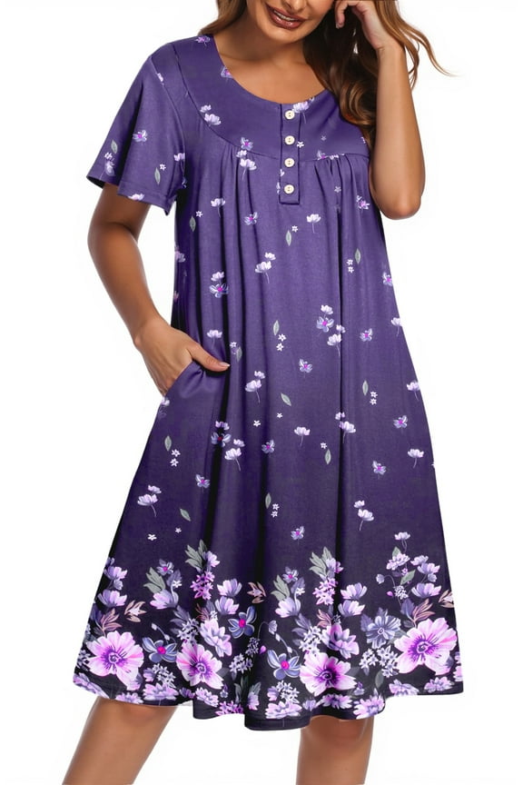 Nightgowns for Women Ruffle Sleeve Button Midi Dress Floral Mumu Dresses Loose Flowy Moo Moo Dresses with Pockets