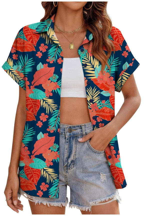 Hawaiian Button Down Shirts for Women Casual Short Sleeve Floral Print Blouses Summer Tops