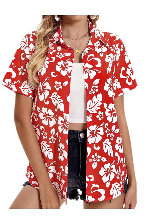 Hawaiian Button Down Shirts for Women Casual Short Sleeve Floral Print Blouses Summer Tops