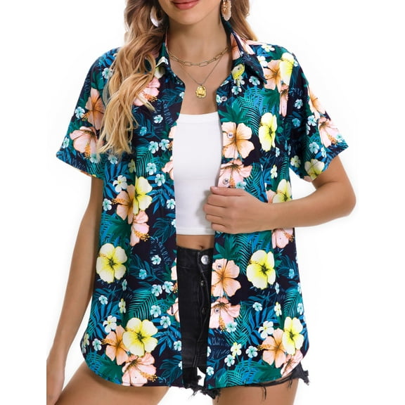 Fantaslook Hawaiian Button Down Shirts for Women Casual Short Sleeve Floral Print Blouses Summer Tops