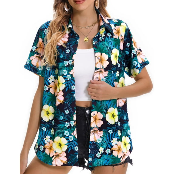 Fantaslook Hawaiian Button Down Shirts for Women Casual Short Sleeve Floral Print Blouses Summer Tops