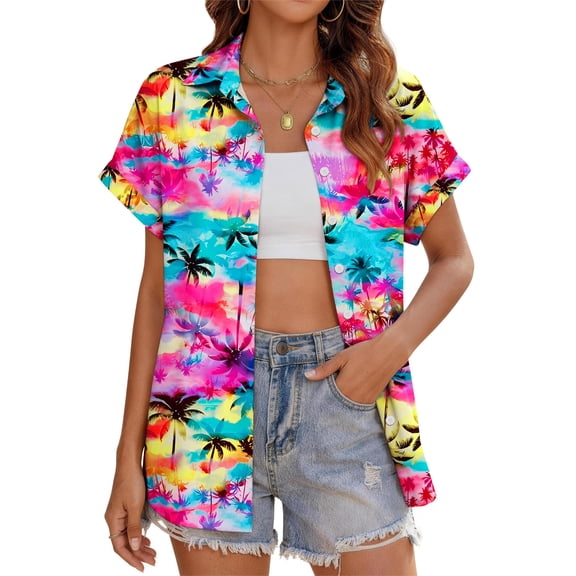 Fantaslook Hawaiian Button Down Shirts for Women Casual Short Sleeve Floral Print Blouses Summer Tops