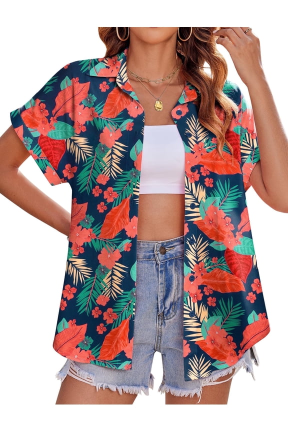 Hawaiian Button Down Shirts for Women Casual Short Sleeve Floral Print Blouses Summer Tops