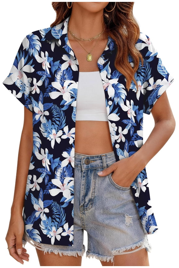 Hawaiian Button Down Shirts for Women Casual Short Sleeve Floral Print Blouses Summer Tops