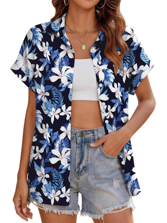 Hawaiian Button Down Shirts for Women Casual Short Sleeve Floral Print Blouses Summer Tops