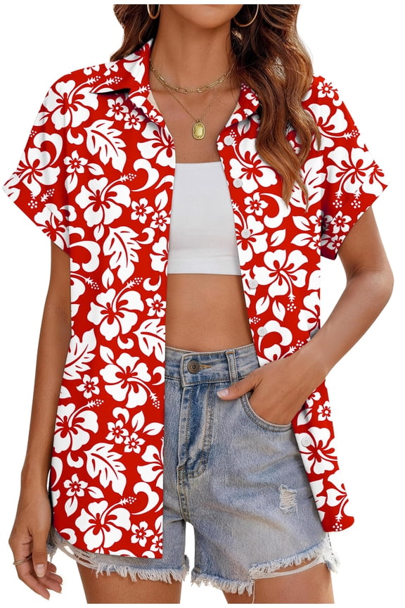 Hawaiian Button Down Shirts for Women Casual Short Sleeve Floral Print Blouses Summer Tops