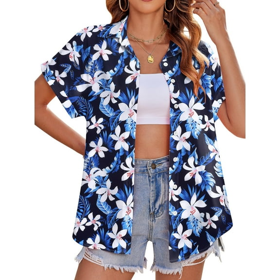 Fantaslook Hawaiian Button Down Shirts for Women Casual Short Sleeve Floral Print Blouses Summer Tops