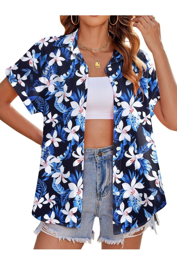 Hawaiian Button Down Shirts for Women Casual Short Sleeve Floral Print Blouses Summer Tops