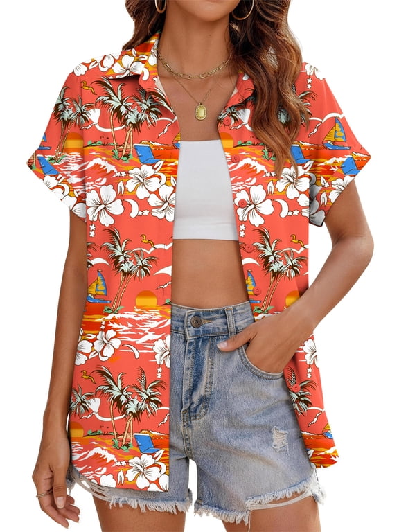 Hawaiian Button Down Shirts for Women Casual Short Sleeve Floral Print Blouses Summer Tops