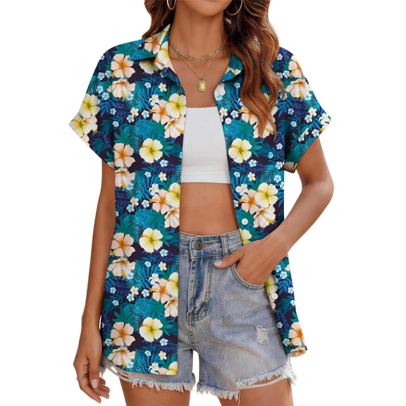 Fantaslook Hawaiian Button Down Shirts for Women Casual Short Sleeve Floral Print Blouses Summer Tops