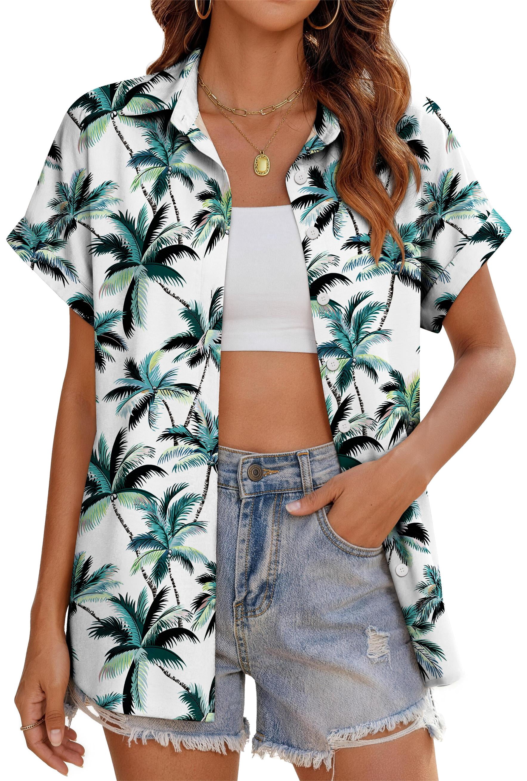 Fantaslook Hawaiian Shirts for Women, Casual Short Sleeve Floral Button ...