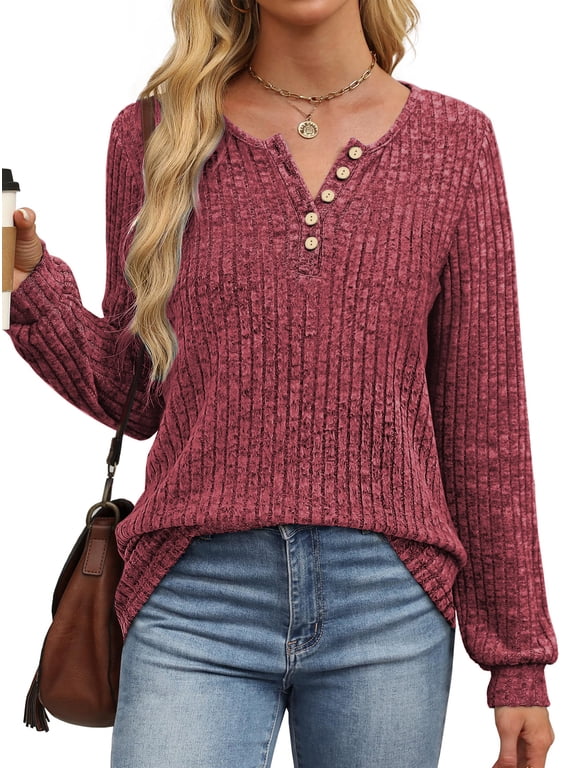 Henley Long Sleeve Shirts for Women Casual Tunic Tops Fall Dressy Blouses Lightweight Pullover