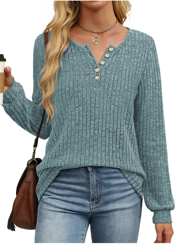 Henley Long Sleeve Shirts for Women Casual Tunic Tops Fall Dressy Blouses Lightweight Pullover