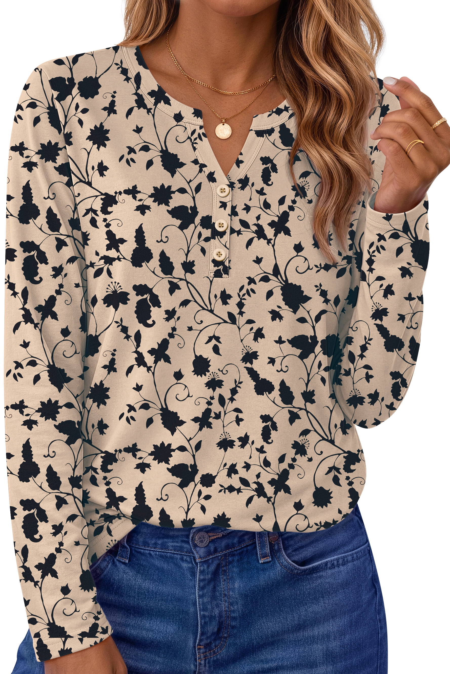 Henley Long Sleeve Shirts for Women Casual V Neck Fall Tops Dressy Work Blouses