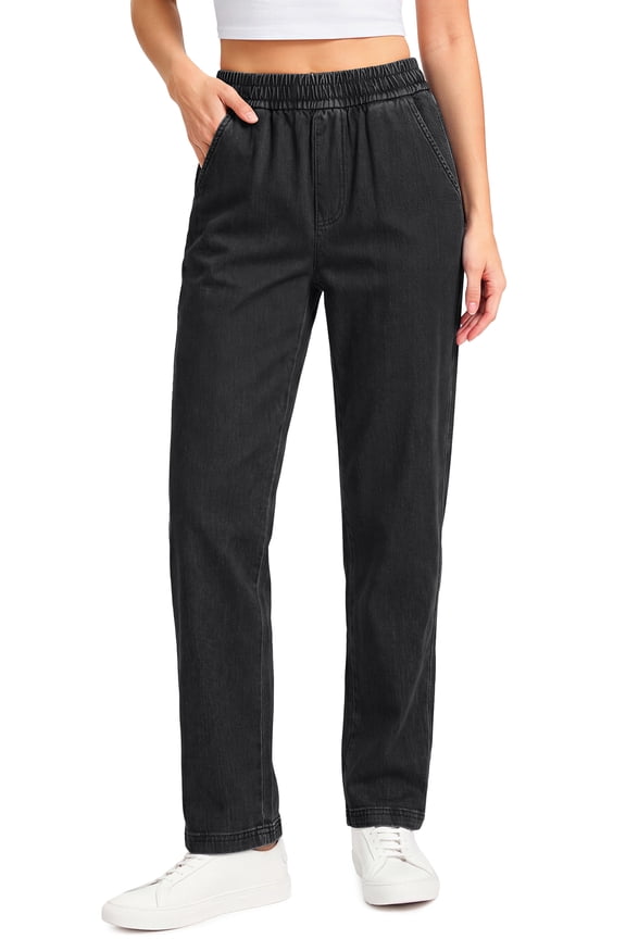 High Waisted Jeans for Women Straight Leg Stretchy Pants Elastic Waist Denim Pants with Pockets