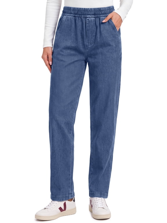 Pull On Jeans for Women Straight Leg Casual Pants Elastic Waist Denim Pants with Pockets
