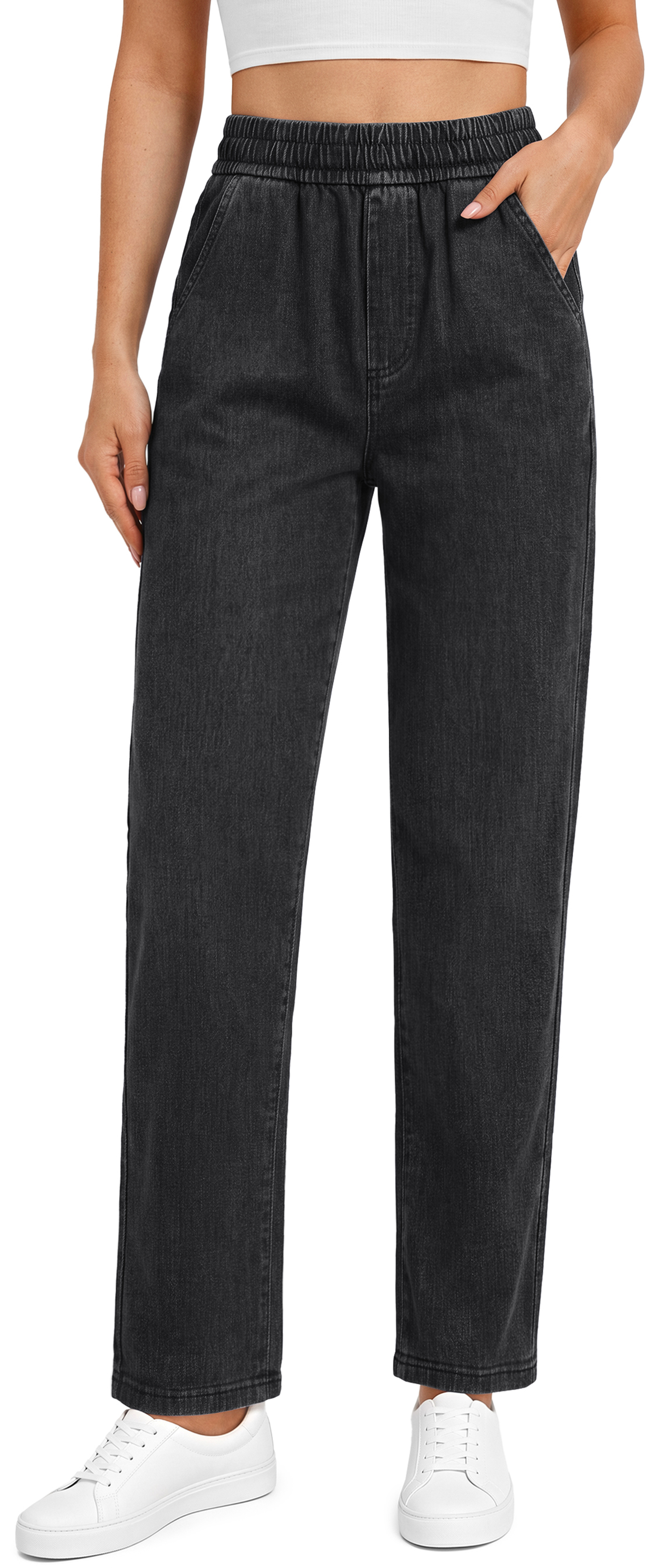 Jeans de Pierna Recta Casuales para Mujer con Cintura Elástica y Bolsillos