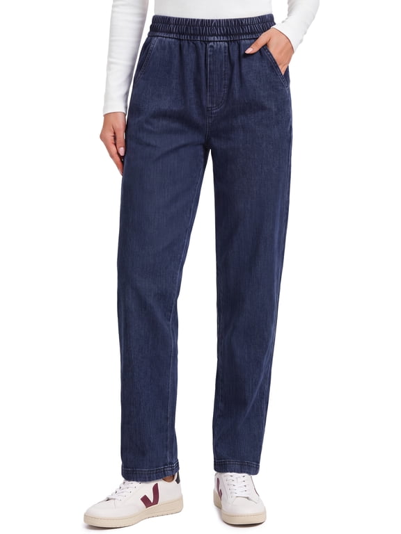Pull On Jeans for Women Straight Leg Casual Pants Elastic Waist Denim Pants with Pockets