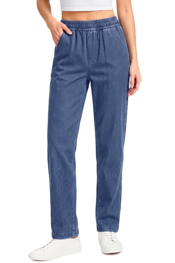 High Waisted Jeans for Women Straight Leg Stretchy Pants Elastic Waist Denim Pants with Pockets